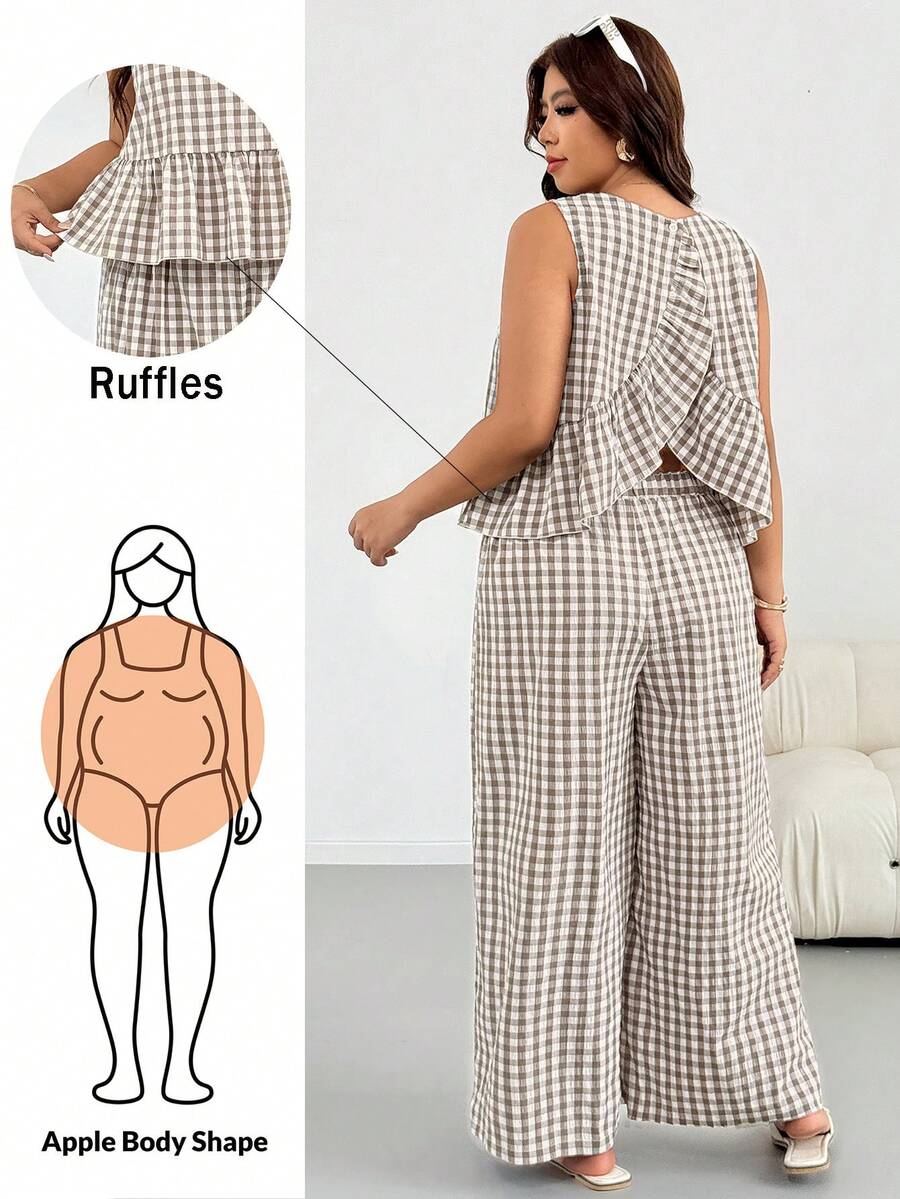 Shapeblank Plus Size Women's Plaid Ruffle Hem Sleeveless Shirt And Pants Casual Two Pieces Set - Khaki - View 1