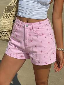 Livesso Ditsy Floral Frayed Hem Casual Women Denim Shorts - Pink - View 6