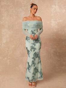 Lumalex Elegante vestido largo de malla floral verde salvia, vestido maxi con escote Bardot sin hombros y apliques 3D, vestido de invitada de boda de verano con un solo hombro para mujeres, de lujo - verde menta - Ver 5
