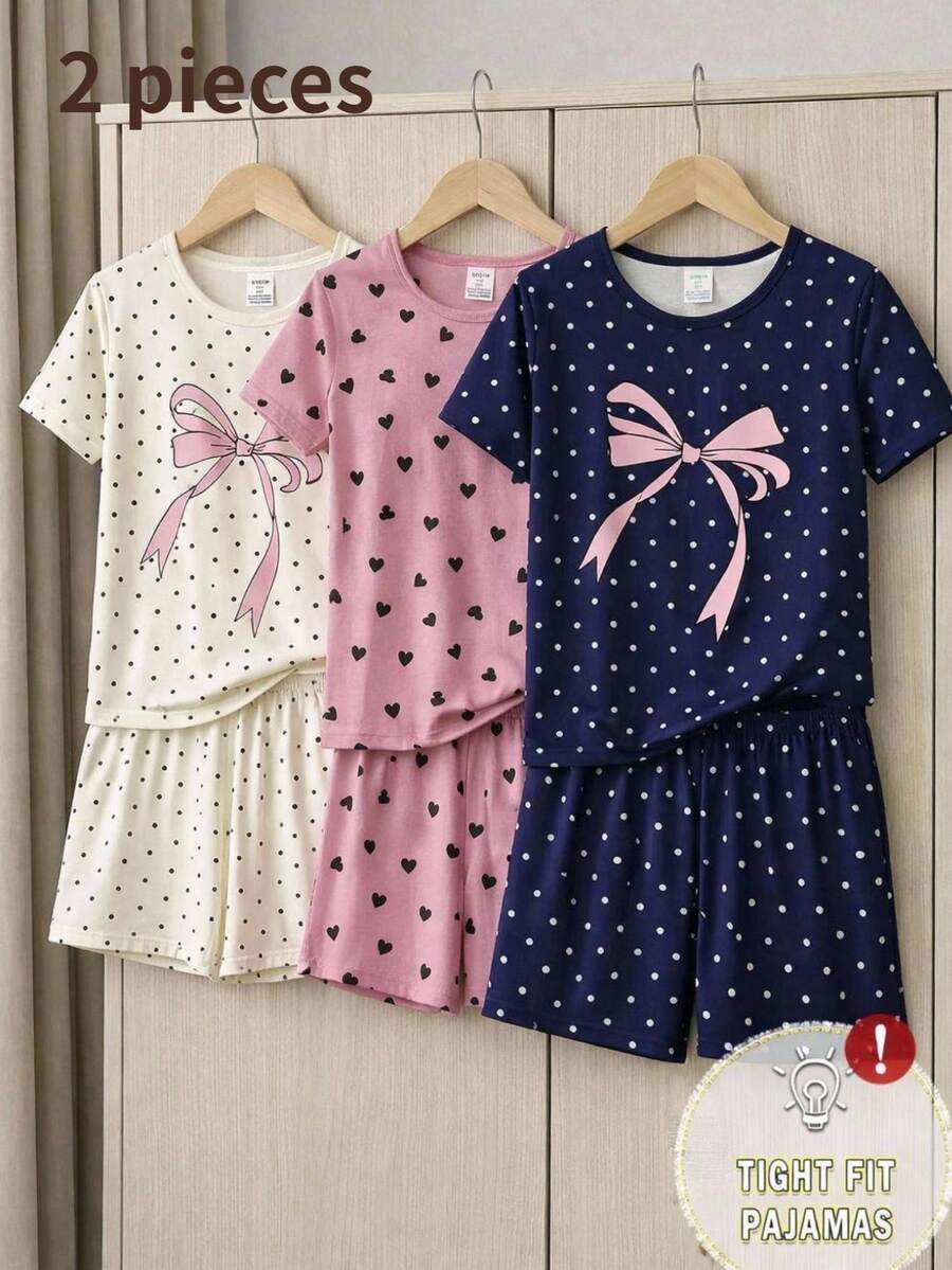 青少年女孩簡約時尚優雅黑色波點蝴蝶結圓領上衣與短褲2件組 柔軟舒適貼身居家休閒服 - 黑色 - 查看 1
