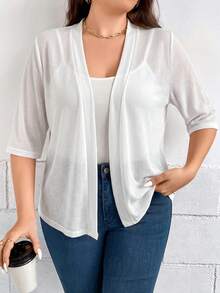 Comfylo Plus Size Women's French Style Casual Versatile Textured Sheer Knit Cardigan Office White Summer - White - View 1