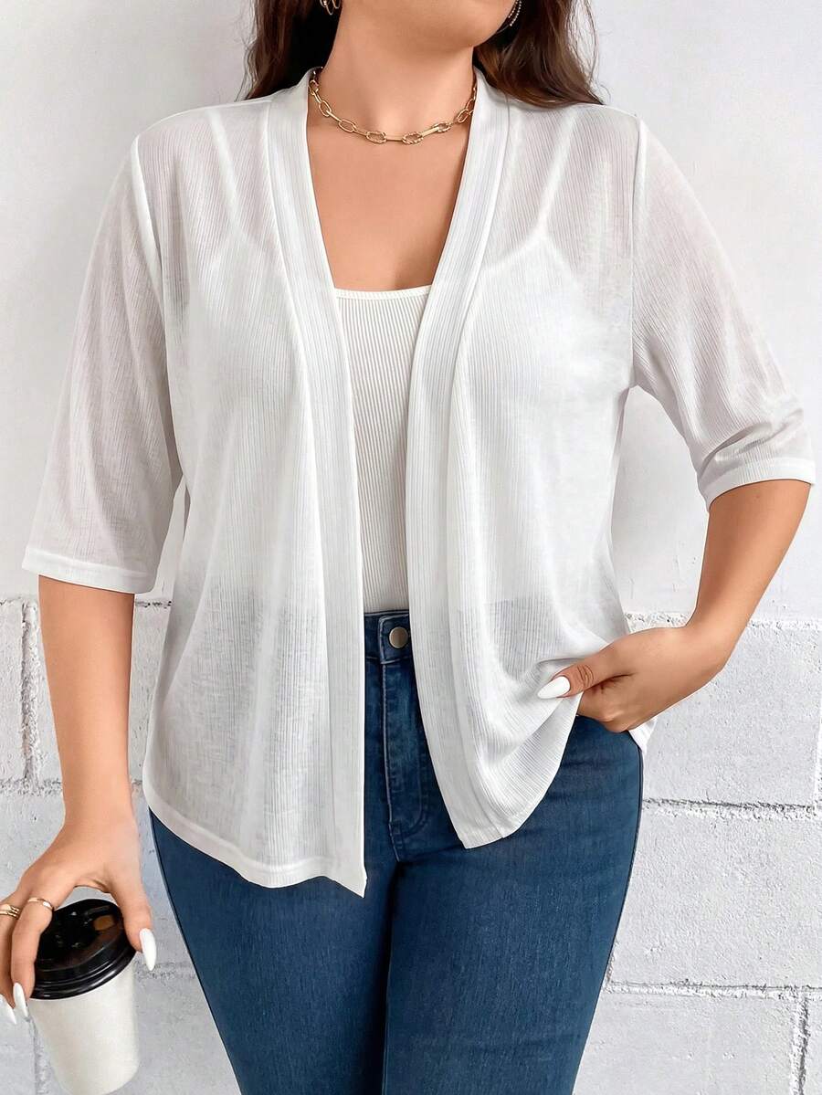 Comfylo Plus Size Women's French Style Casual Versatile Textured Sheer Knit Cardigan Office White Summer - White - View 1