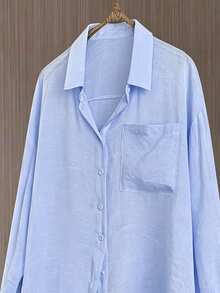 Franclia Plus Size Women's Solid Color Single-Breasted Casual Versatile Daily Outing Shirt - Baby Blue - View 3