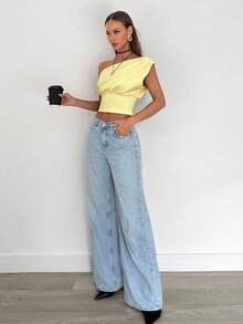 Siren Gaze Women's Casual Elegant Asymmetric Neck Ruched Cropped Top, Suitable For Summer, Suitable For Daily Wear - Yellow - View 5