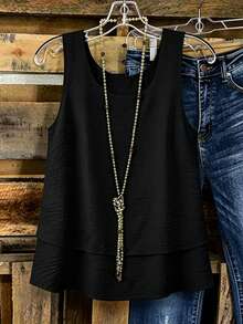 Linhara Spring Summer Autumn Round Neck Sleeveless Double Layer Design Yellow Apricot Color Plus Size Camisole And Tank Top - Black - View 1