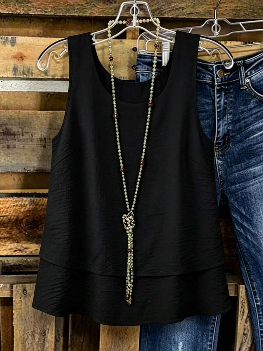 Linhara Spring Summer Autumn Round Neck Sleeveless Double Layer Design Yellow Apricot Color Plus Size Camisole And Tank Top - Black - View 1