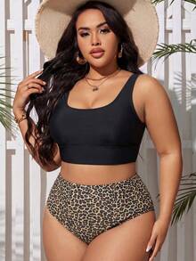 SHEIN Swim Curve 大尺碼女款純色背心上衣與豹紋三角比基尼泳褲泳裝套裝 - 黑色 - 查看 5