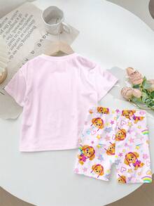 SHEIN | PAW Patrol 女童小女孩圓領字母卡通印花短袖T恤與短褲休閒日常套裝 - 彩色 - 查看 2