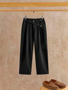 HIMLAND Men's Black Wide Leg Pants With Gold Button And Wrap Strap Waist. Loose Straight Fit, VACATION, . Fashion Style For Summer - Black - View 5