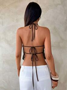 Aloruh New Sexy Backless Lace-Up Design Crop Top, Purple Elegant Multi-Tier Ruffle Decor Halter Backless Vest, Spring/Summer - Coffee Brown - View 2