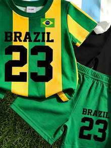 RANDOM 3 SETS ENVIAR 1 SET, Conjunto Combinado Estilo Deportivo de Verano. Incluye Estilos con Tema de la Copa de Fútbol con Camiseta Estampada a Rayas Amarillas & Verdes de Brasil + Pantalones Cortos, Jerseys con Temas de Varios Países - Multicolor - Ver 6