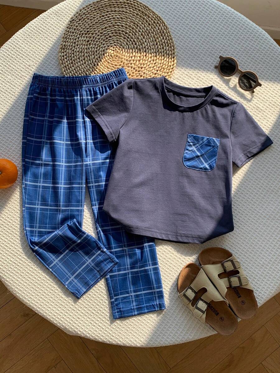 SHEIN 男童纯色针织圆领休闲T恤和格子裤两件套家居服 - 彩色 - 查看 1