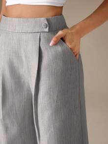 SHEIN Tall Pantaloni da donna in tessuto di bambù rosa con design a fibbia frontale in vita, eleganti, professionali e casual, adatti per insegnanti, essenziali per il Ringraziamento e Ognissanti, versatili, ampi e fluidi, a gamba dritta, per donne alte - Grigio - Visualizzare 4