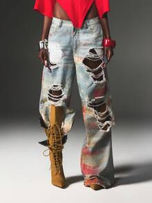 SUMWON WOMEN American Flag Print Distressed Ripped Baggy Wide Leg Jeans Stars Stripes Patriotic Denim 4th July - Blue - View 1