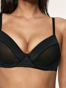 SHAPORA Mesh Splice Fabric Sexy Underwire Bra, Minimalist Sensual Style, No Foam Cups - Black - View 6