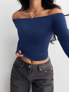 Black Off-Shoulder Fitted Casual Long Sleeve Basic Base Layer T-Shirt - Navy Blue - View 9
