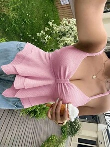 GalTyme 大尺碼女款素色百褶休閒百搭日常外出細肩帶上衣 - 淺粉色 - 查看 2