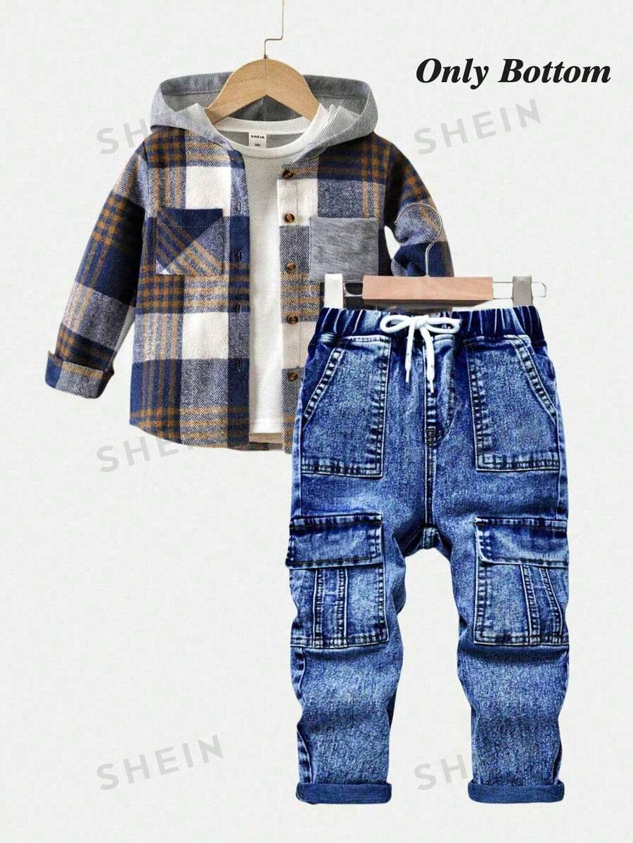 SHEIN Explorewe Young Boy Drawstring Waist Cargo Pocket Casual Jeans Autumn Fall - Medium Wash - View 1