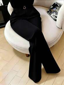 GlowEve CURVE Plus Size Women's Elegant Decorative Buckle Solid Color Flared Trousers Suitable For Daily Wear, Commuting Fall - Black - View 1