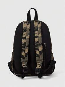 ROMWE Grunge Punk 1 Pieza Mochila de Gran Capacidad con Múltiples Bolsillos, Diseño Decorativo de Cadena de Cruz con Pedrería, Bordado de Cabeza de Calavera con Patrón de Camuflaje Punk Gótico Verde, Estilo Decadente Oscuro, Mochila Unisex de Moda, Adecuada para Desplazamientos, Universidad, Vacaciones y Otros Artículos de Moda - Verde - Ver 5