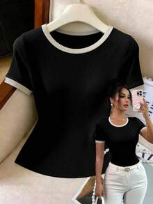 Elenzga Women's Summer Daily Commute Contrast Trim Round Neck Ribbed Short Sleeve T-Shirt - Black - View 5