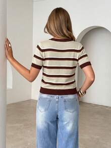 Siren Gaze Women's Round Neck Brown And Cream Patchwork Casual Retro Vintage Preppy Versatile Daily Everyday School Outing Knit Top Back-To-School Autumn - Multicolor - View 3