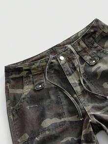 ROMWE MEN Grunge Punk 男士丹寧牛仔褲復古做舊迷彩工裝牛仔褲，附3D翻蓋大口袋、可調抽繩褲腳、寬鬆大腿版型，街頭高街風多口袋戶外工裝長褲，適合嘻哈、滑板、復古、戶外通勤 - 軍綠色 - 查看 5