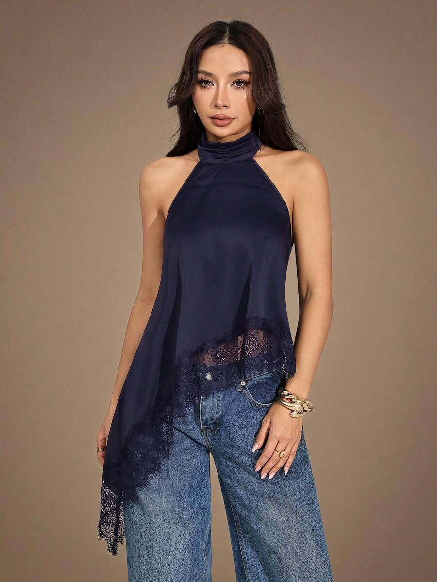 SHEIN PETITE 女款夏季性感不對稱下擺蕾絲飾邊露背掛脖上衣 - 藏蓝色 - 查看 1