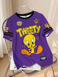 LOONEY TUNES X SHEIN 大码字母与卡通图案圆领短袖T恤 - 白色 - 查看 1