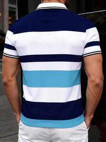 Manfinity Dauomo 夏季休閒男士標準尺寸 POLO 衫，經典多色條紋印花圖案設計，日常、辦公、高爾夫休閒街頭商務上衣 - 彩色 - 查看 2