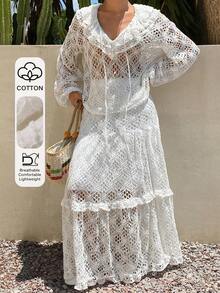 Livesso Summer Hollow-Out Style Top And Women's Semi-Transparent Loose Top With Floor-Length Skirt, Vacation Beach Style 2 Pieces Set White Tropical - White - View 1