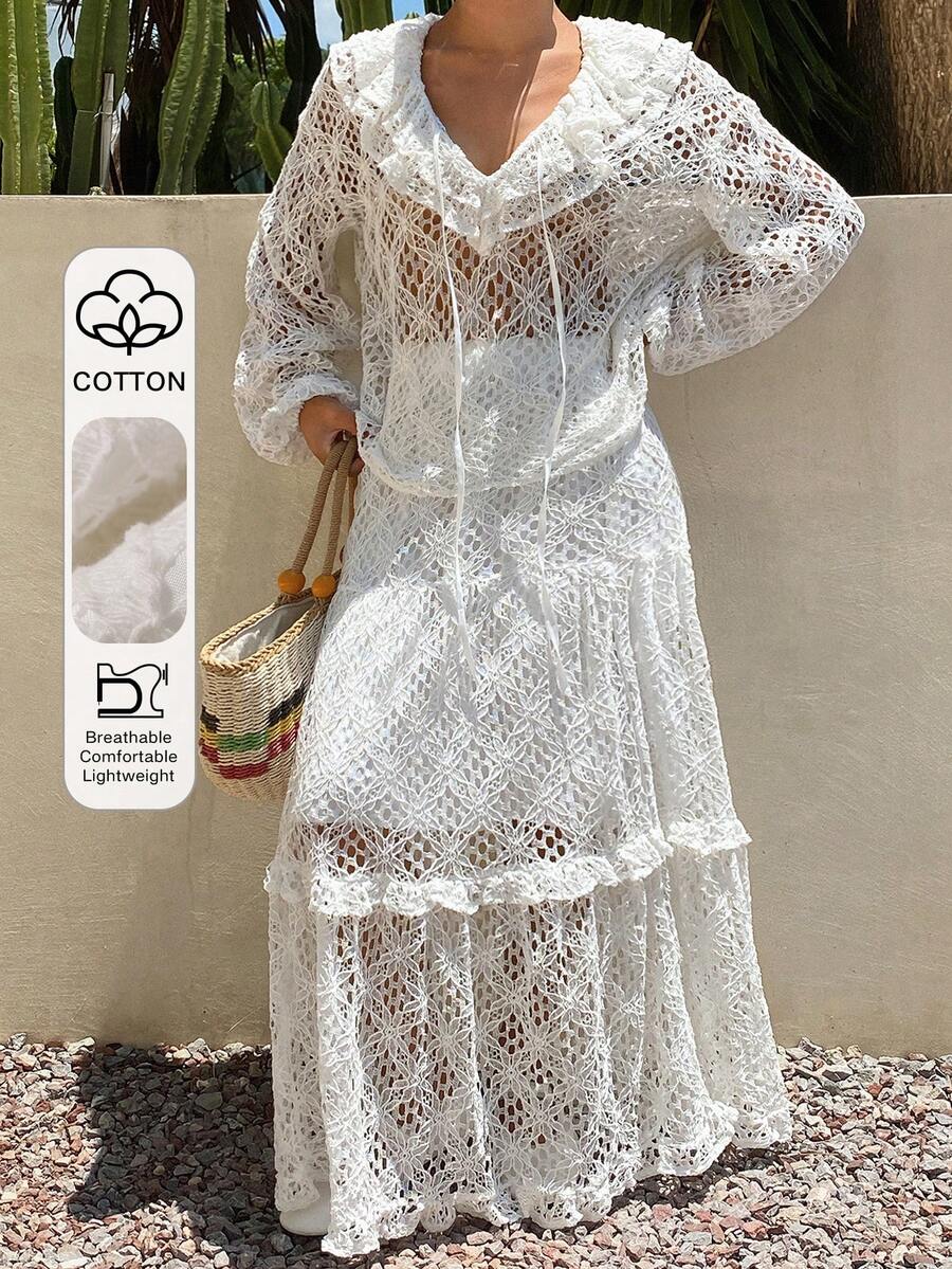 Livesso Summer Hollow-Out Style Top And Women's Semi-Transparent Loose Top With Floor-Length Skirt, Vacation Beach Style 2 Pieces Set White Tropical - White - View 1
