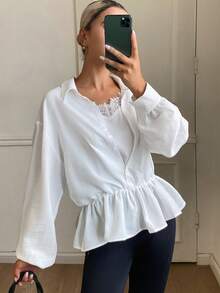 Livesso Summer Autumn June Teachers' Day Collared Long Sleeve Button-Up Solid White Ruffle Hem Loose Women's Blouse Office Elegant French - White - View 4