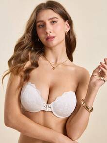 Hourtrue 1pc Minimalist Sexy Lace Patchwork Front Closure Wireless Bra, Strapless For Women - White - View 3