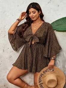 SHEIN VCAY 大码女式V领豹纹抽绳休闲连体衣 - 彩色 - 查看 5