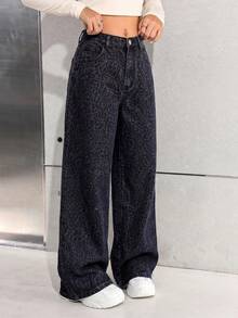 SHEIN Girls' Leopard Print Loose Wide Leg Denim Pants Vacation Festival Independence Day Leopard Print - Multicolor - View 4