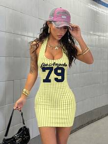 StreetHx English Striped Print Street Style Halter Neck Dress - Yellow - View 5