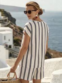 EMERY ROSE Women's V-Neck Striped Colorblock Top And Shorts Casual Daily 2-Piece Set - Apricot - View 7