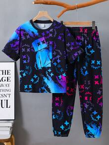 SHEIN 2pcs Kids Tween Boy Casual Vision Fluorescent Cartoon Pattern Round Neck Short Sleeve Shorts 2 Pieces Outfit Set, Suitable For Spring/Summer , Daily Wear, Sports, Outings, School, Parties, Festivals, Photoshoots - Multicolor - View 4