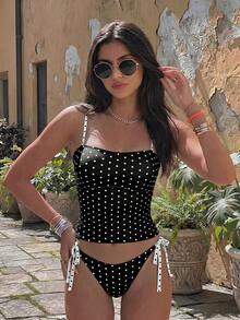 Swim Mod Conjunto de Bikini Dividido de 2 Piezas para Mujer, Estampado de Lunares Multicolor Tropical Lindo, Tirantes Delgados con Pantalones Ajustables con Lazo Lateral, Traje de Baño Casual Elegante para Vacaciones en la Playa y Día de San Valentín, Muy Vendido - Multicolor - Ver 4