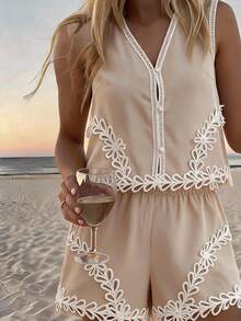 Travachic Women's Vacation Outfits Water-Soluble Lace Patchwork Front Button Camisole And Shorts 2 Pieces Set Holiday Country Clothing Beach Beige Summer Boho - Apricot - View 9