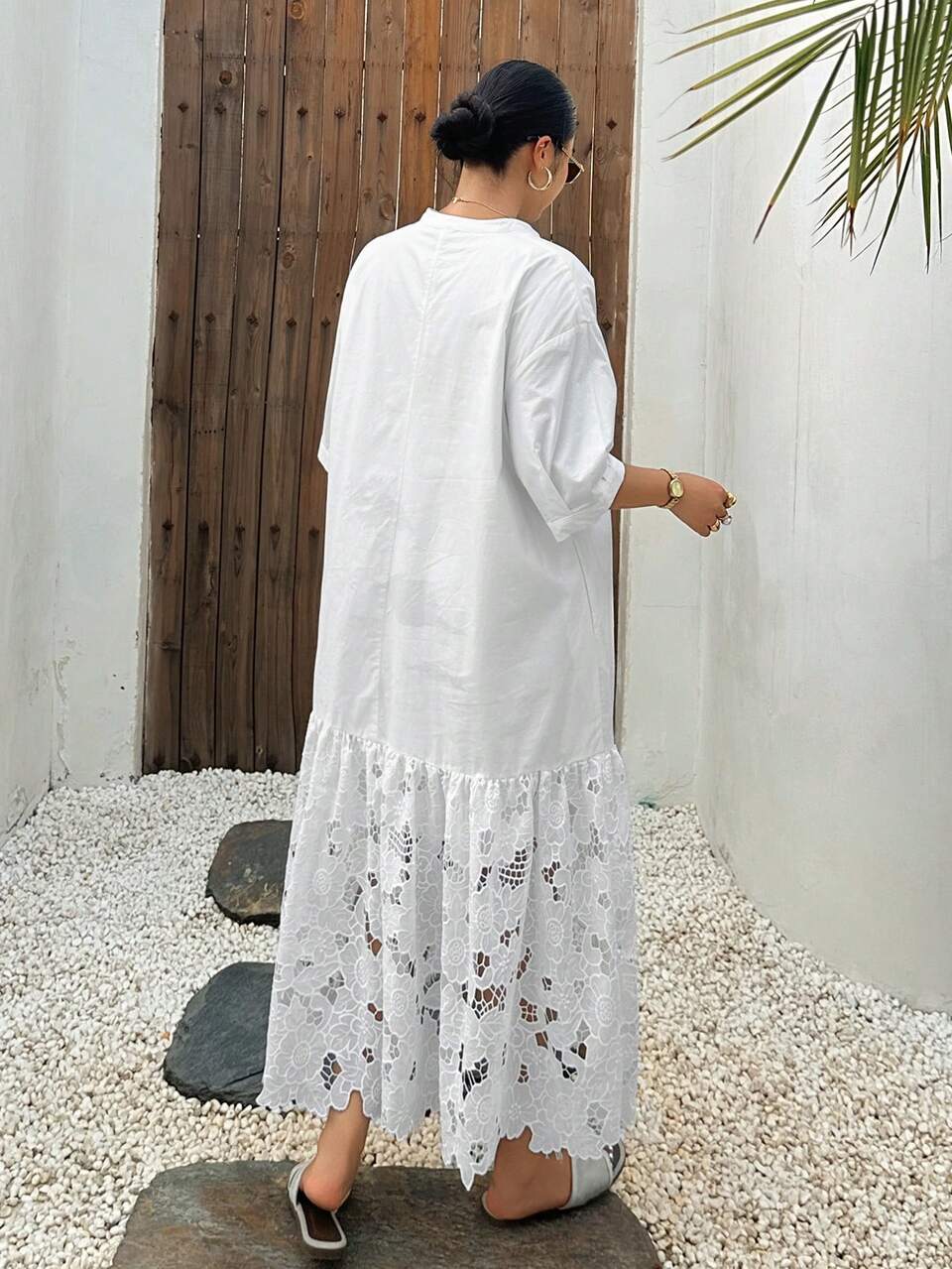 Dazy Plus Spring/Summer Women's Casual Lace Patchwork Stand Collar Shirt Dress, White Plus Size Short Sleeve Long Dress Sundress