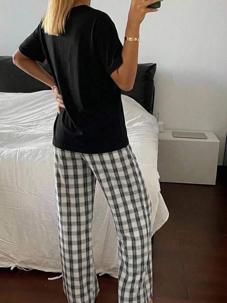 Women's Cartoon Print Short Sleeve Top & Plaid Long Pants Pajama Set