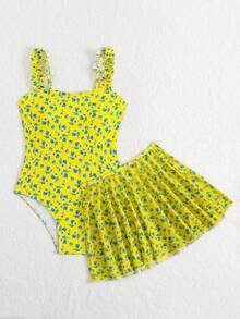 SHEIN Set Baju Renang Terusan Motif Bunga dan Rok Jala untuk Liburan Anak Perempuan Remaja - Kuning - View 3