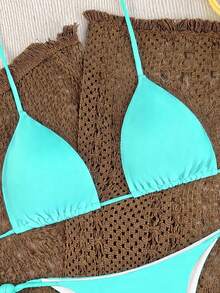 Oceva Women's Summer Beach Solid Color Halter Neck Tie Sexy Fashion Bikini Two-Piece Swimsuit Set - Mint Blue - View 5