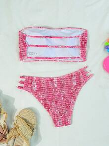 Swim Mod 2026 Spring/Summer Women's Bandeau Ruched White Base Blue Floral Random Print Backless Sexy Vacation High-Cut Side Bikini Swimsuit 2-Piece Set - Hot Pink - View 2