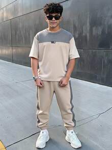 2件組 青少年男童休閒對比色圓領短袖T恤與長褲套裝，卡其色，適合通勤、上學、外出、運動、假期派對、度假，春/夏季 - 彩色 - 查看 8