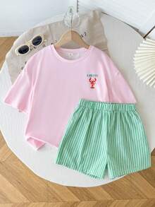SHEIN Tween Girl Crew Neck Letter Lobster Print Short Sleeve T-Shirt And Shorts Casual Daily Set - Multicolor - View 4