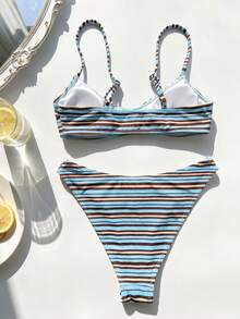 Swim Mod 2 pièces Ensemble de bikini micro pour femme, mode plage mignonne pour vacances, bord de mer, piscine, fête de natation, imprimé multicolore à rayures ondulées, bretelles fines réglables, Top et bas de bikini - Multicolore - Voir 2