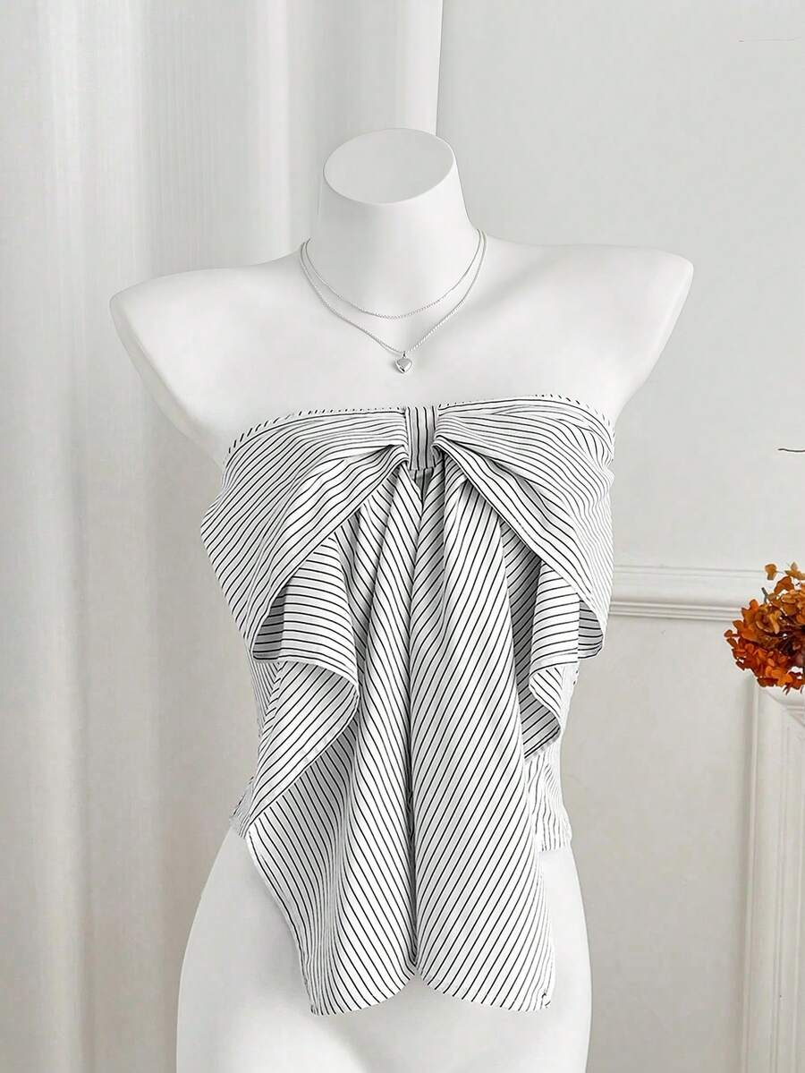 Elamini Bow Tie Striped Fitted Sleeveless Cropped Tube Top, Chic & Versatile For Spring/Summer - Black - View 1